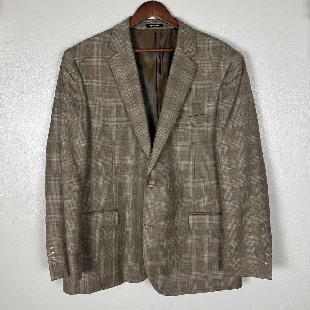 Joseph Feiss Gold Sport Coat Blazer Mens 46R Two Button Brown Plaid Classic Fit